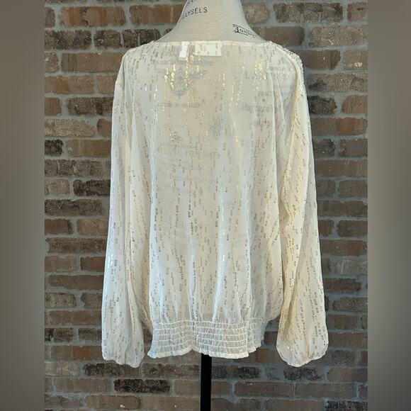 Chicos lustrous dot Quin top keyhole neckline cream gold sz 3 dressy flowy XL 16 - Picture 3 of 10